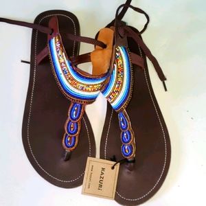 New Kazuri African inspired bead & brown leather gladiator style sandle